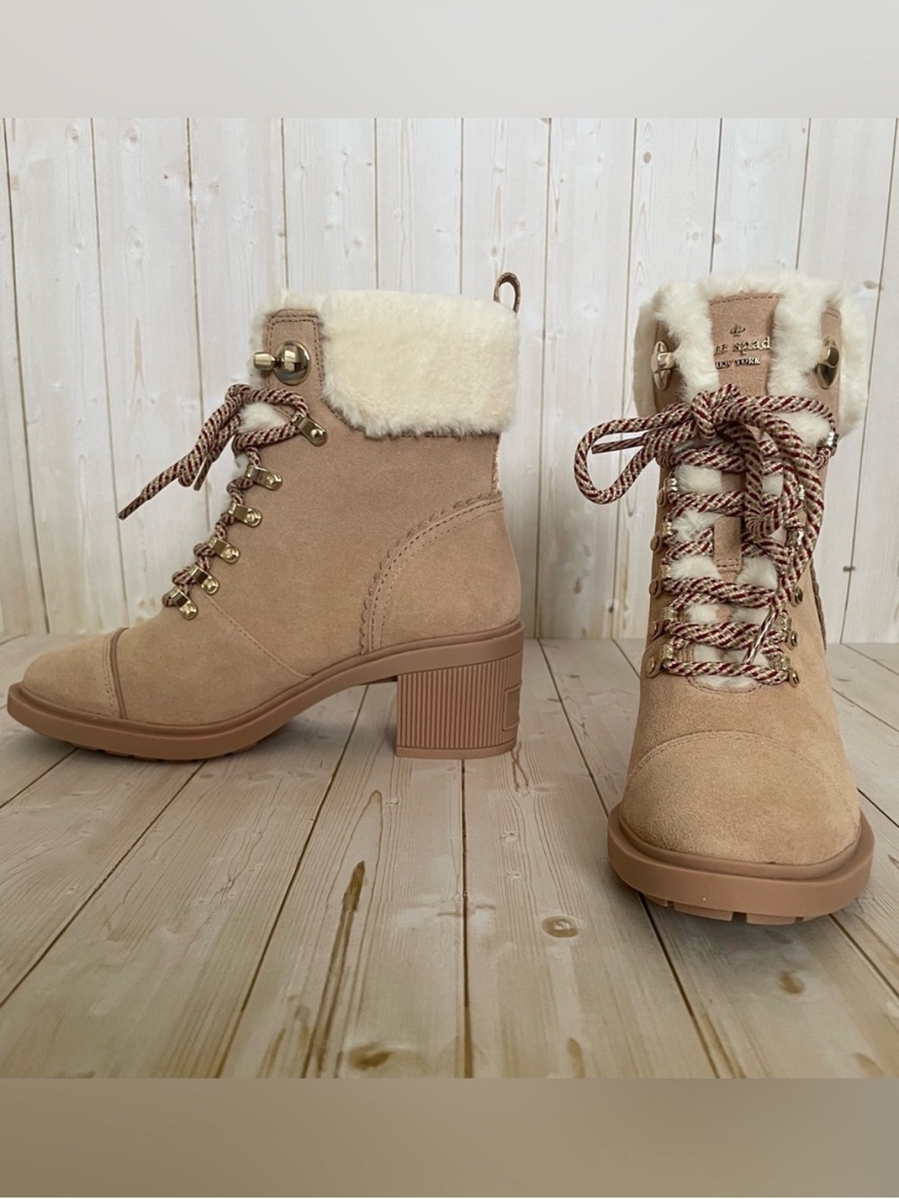 NEW Kate Spade ♠️ Tan Suede Walker Faux Fur Lace-Up Shearling Ankle Boots